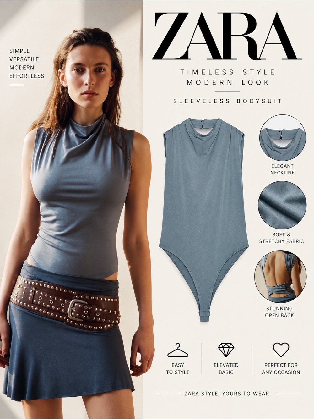 ZARA Blue Gray Draped Neck Open Back Bodysuit Sleeveless Top NWT L